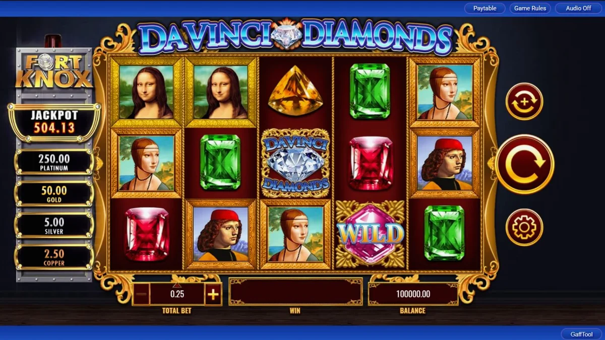 Interface do jogo de slot Fort Knox Da Vinci Diamonds com elementos de arte renascentista e cofres de luxo.