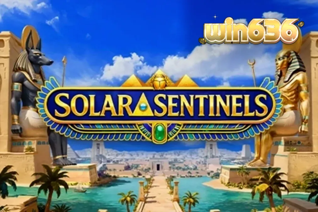 Cena cinematográfica do slot Solar Sentinels com monumentos egípcios e grade de jogo